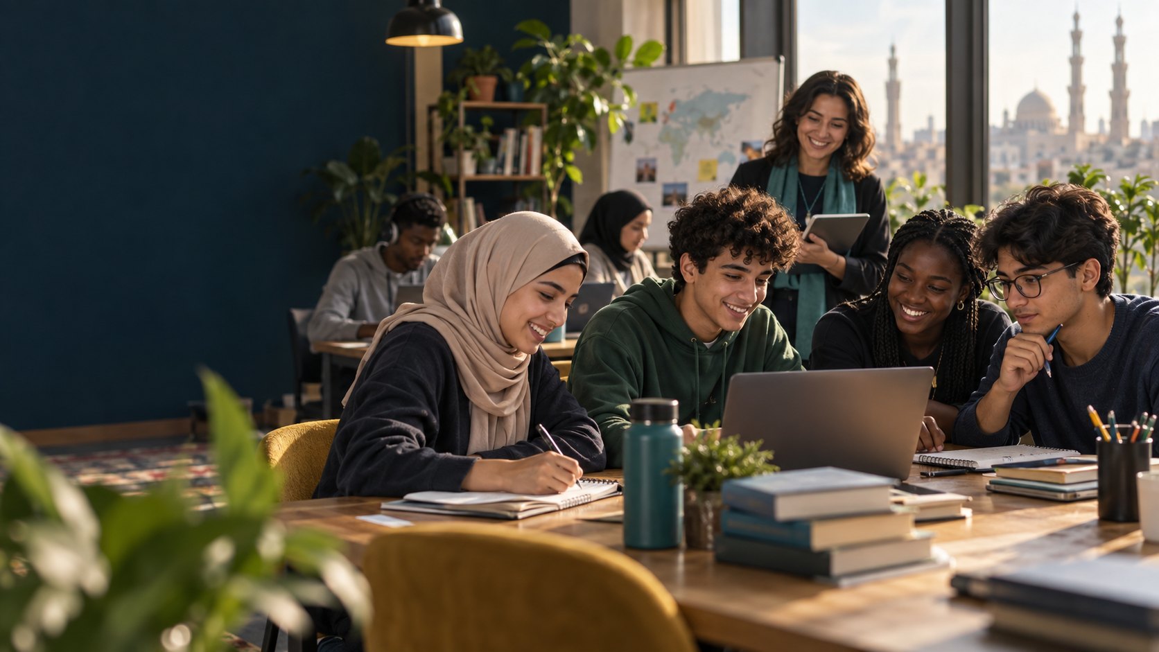 Students learning together in a hybrid education center