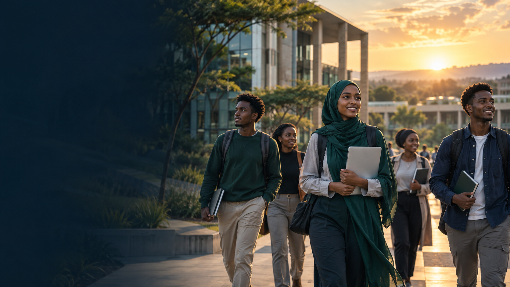 African university students walking across a modern campus